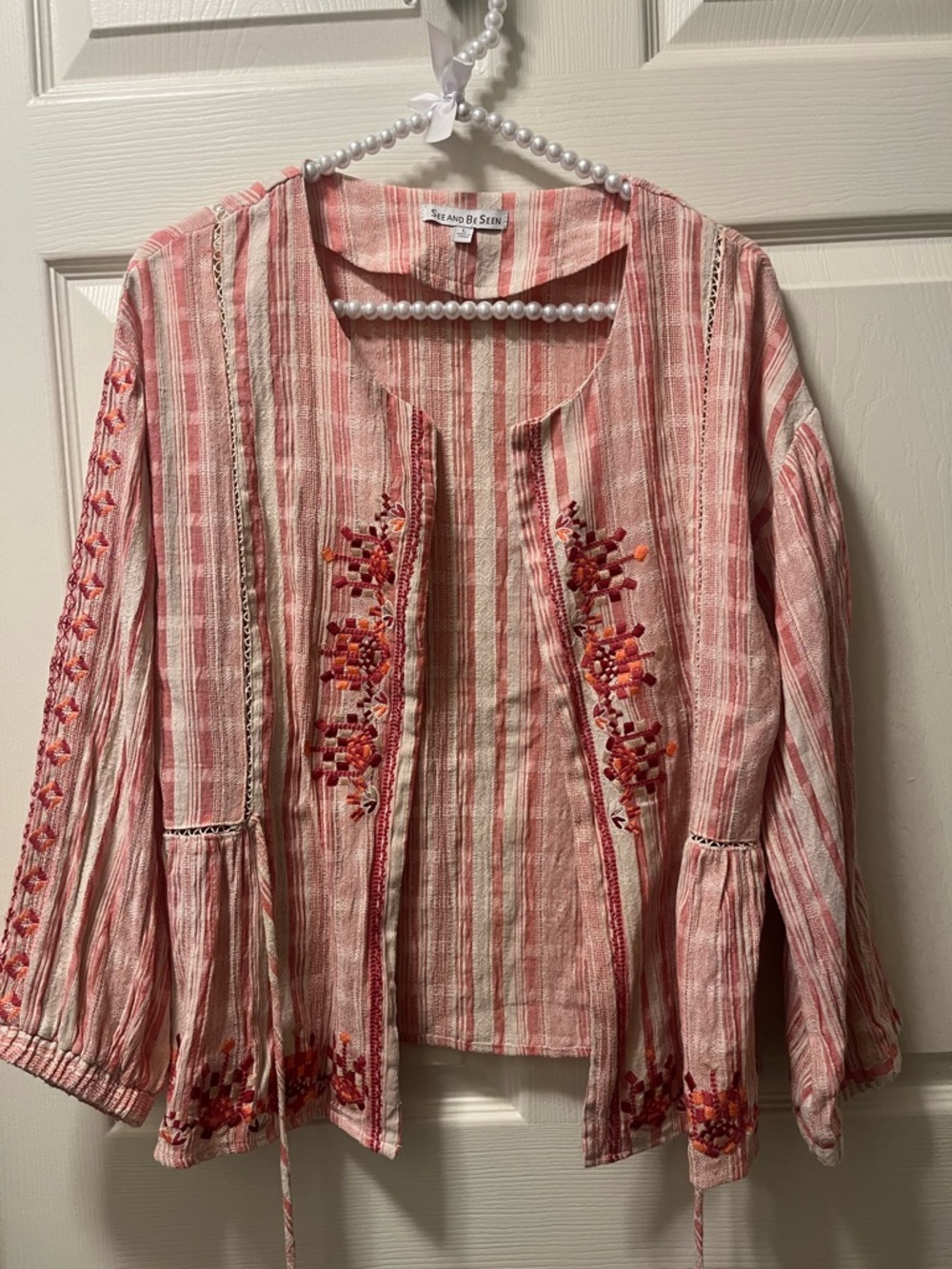Sea and Be Seen Pink Striped Embroidered Women’s Lightweight Tunic Size Large